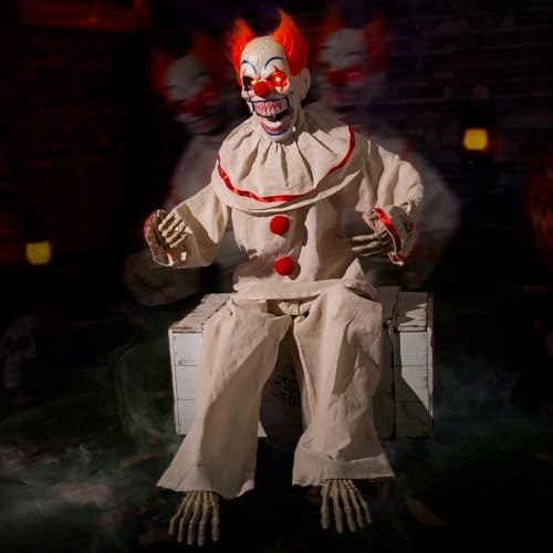 Halloween Animatronic 6ft Killer Clown Decorations, 72inch Animated Clown with Motion Activation, Creepy Sound, Scary Move, Light Up Eyes, Haunted House Spooky Horror Prop for Indoor, Outdoor, Yard