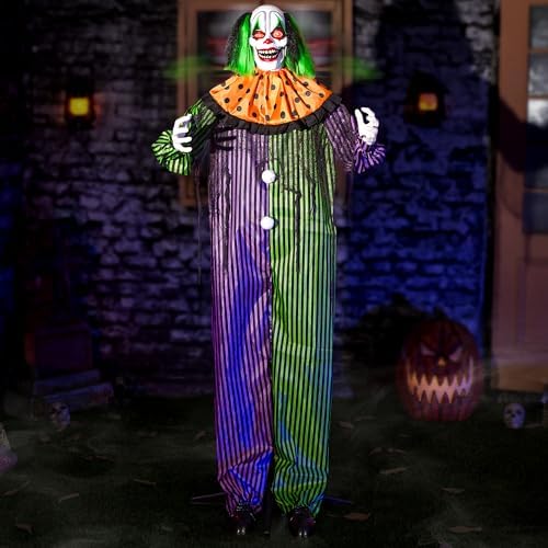 Halloween Animatronic 6ft Killer Clown Decorations, 72inch Animated Clown with Motion Activation, Creepy Sound, Scary Move, Light Up Eyes, Haunted House Spooky Horror Prop for Indoor, Outdoor, Yard
