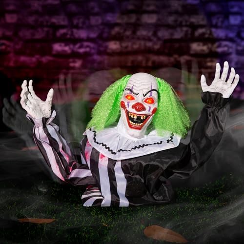Halloween Animatronic 6ft Killer Clown Decorations, 72inch Animated Clown with Motion Activation, Creepy Sound, Scary Move, Light Up Eyes, Haunted House Spooky Horror Prop for Indoor, Outdoor, Yard