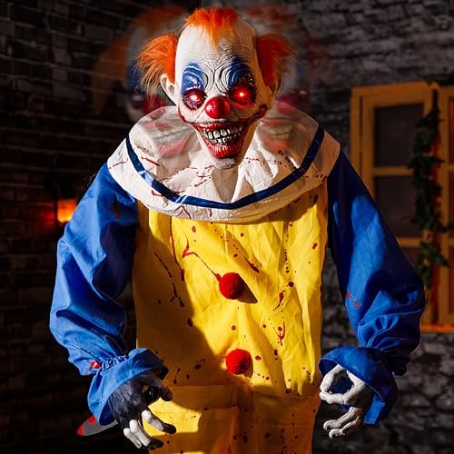 Halloween Animatronic 6ft Killer Clown Decorations, 72inch Animated Clown with Motion Activation, Creepy Sound, Scary Move, Light Up Eyes, Haunted House Spooky Horror Prop for Indoor, Outdoor, Yard