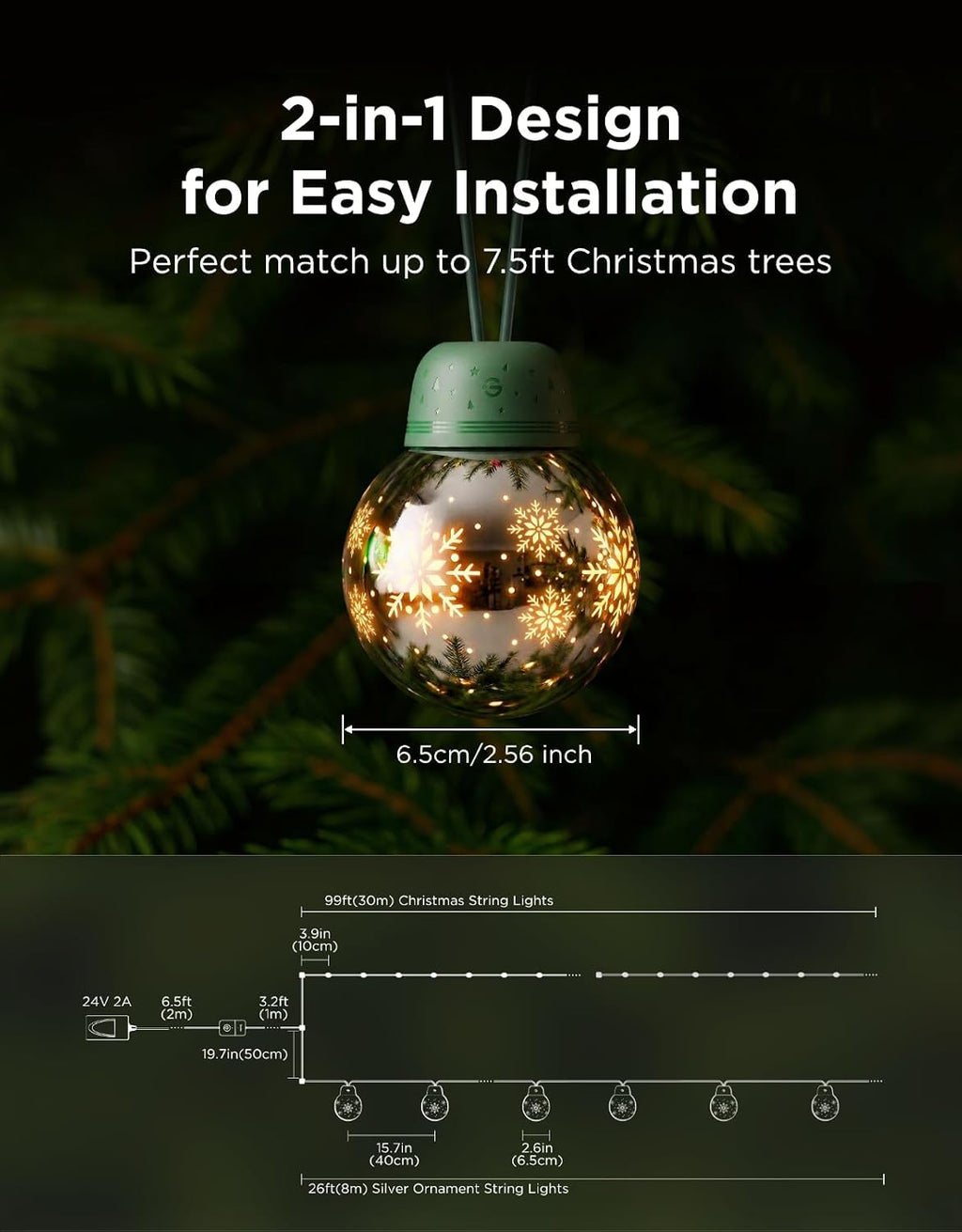 Govee Christmas 2-in-1 99FT Green String & 26FT Silver Ornament Ball Lights