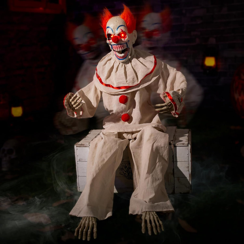 Halloween Animatronic 6ft Killer Clown Decorations, 72inch Animated Clown with Motion Activation, Creepy Sound, Scary Move, Light Up Eyes, Haunted House Spooky Horror Prop for Indoor, Outdoor, Yard