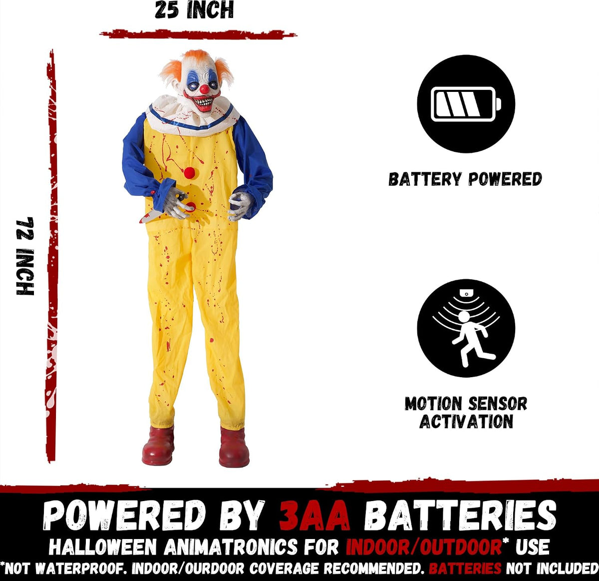 Halloween Animatronic 6ft Killer Clown Decorations, 72inch Animated Clown with Motion Activation, Creepy Sound, Scary Move, Light Up Eyes, Haunted House Spooky Horror Prop for Indoor, Outdoor, Yard