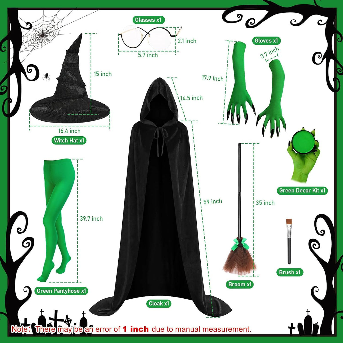 8 PCS Witch Costume Women Adult,Witch Hat Halloween Costume Women