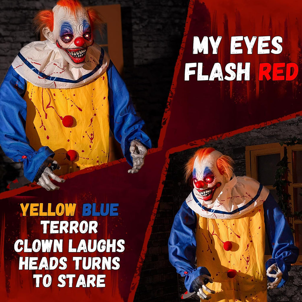 Halloween Animatronic 6ft Killer Clown Decorations, 72inch Animated Clown with Motion Activation, Creepy Sound, Scary Move, Light Up Eyes, Haunted House Spooky Horror Prop for Indoor, Outdoor, Yard