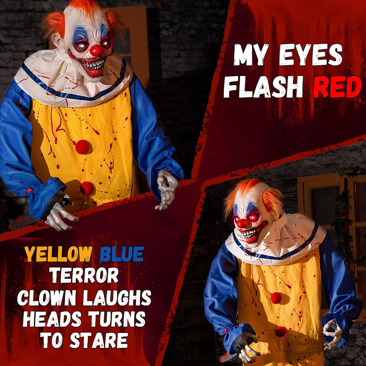 Halloween Animatronic 6ft Killer Clown Decorations, 72inch Animated Clown with Motion Activation, Creepy Sound, Scary Move, Light Up Eyes, Haunted House Spooky Horror Prop for Indoor, Outdoor, Yard