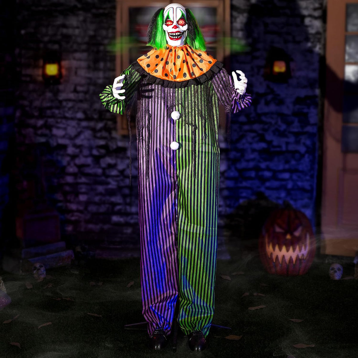 Halloween Animatronic 6ft Killer Clown Decorations, 72inch Animated Clown with Motion Activation, Creepy Sound, Scary Move, Light Up Eyes, Haunted House Spooky Horror Prop for Indoor, Outdoor, Yard