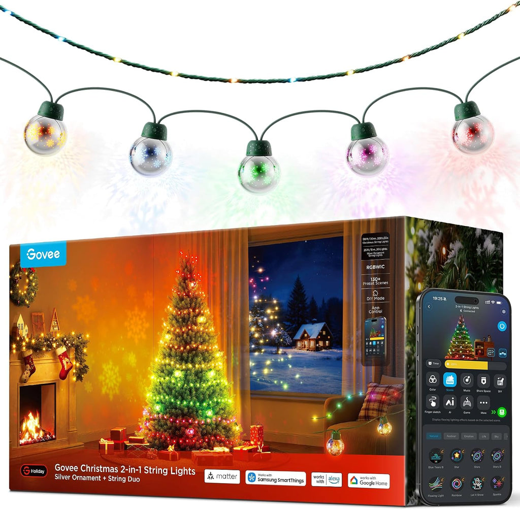 Govee Christmas 2-in-1 99FT Green String & 26FT Silver Ornament Ball Lights
