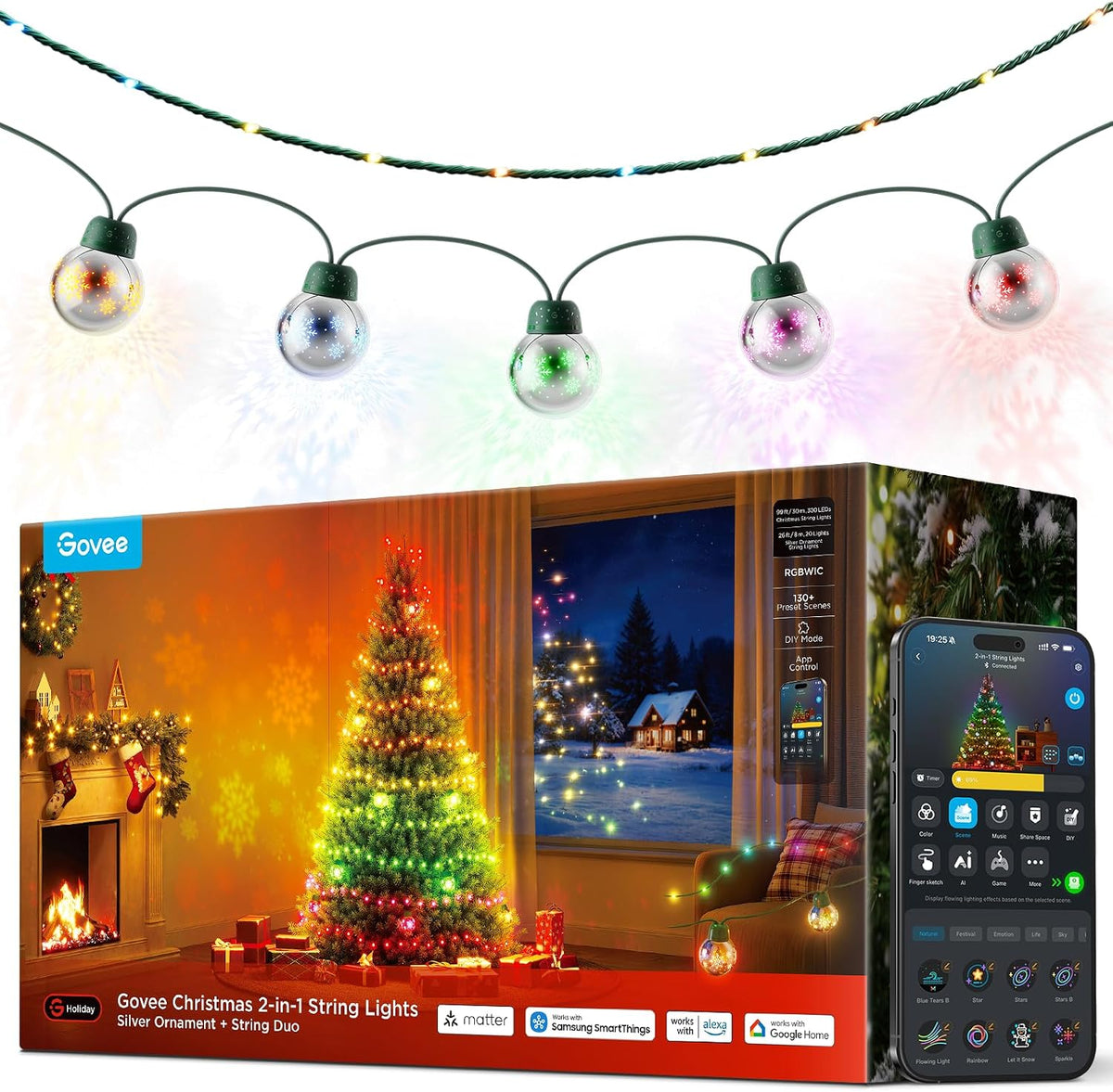 Govee Christmas 2-in-1 99FT Green String & 26FT Silver Ornament Ball Lights