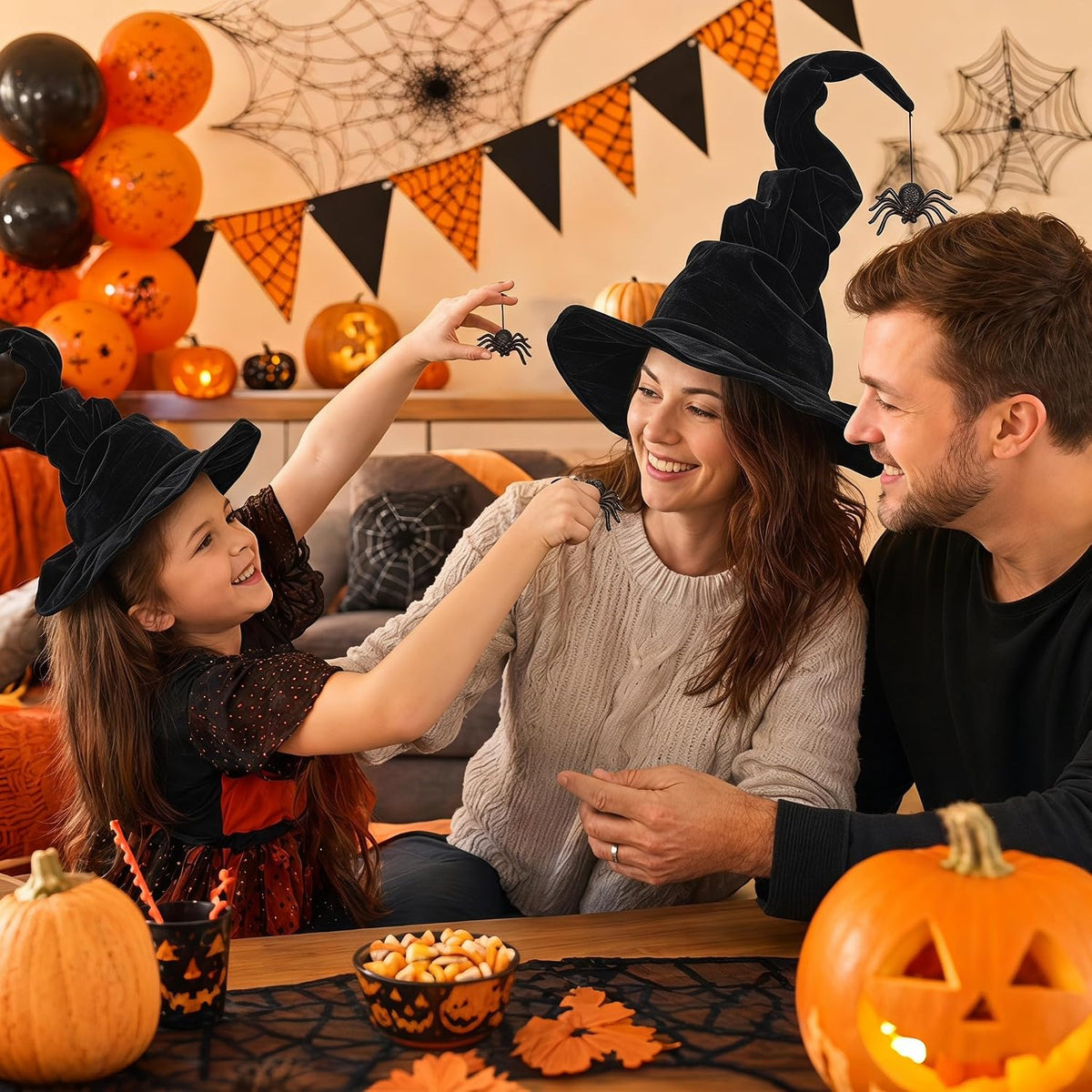 Black Witch Hat with Spider, Halloween Witches Hat for Women Costume Party