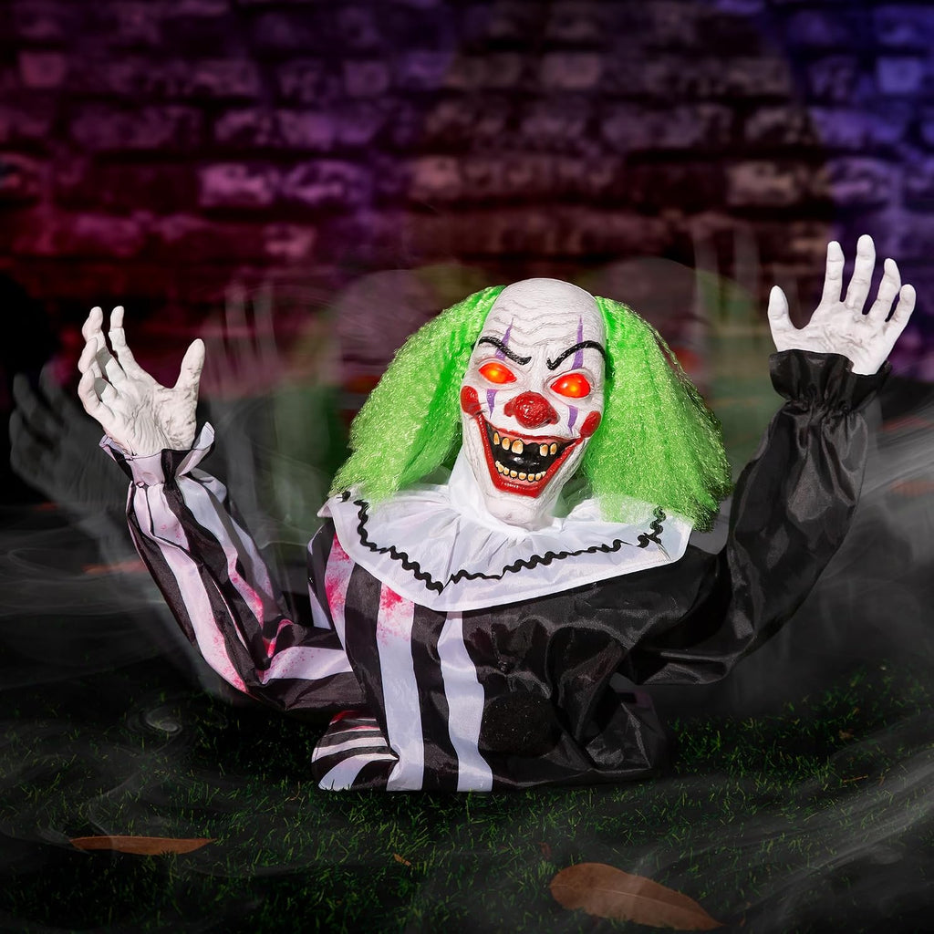 Halloween Animatronic 6ft Killer Clown Decorations, 72inch Animated Clown with Motion Activation, Creepy Sound, Scary Move, Light Up Eyes, Haunted House Spooky Horror Prop for Indoor, Outdoor, Yard