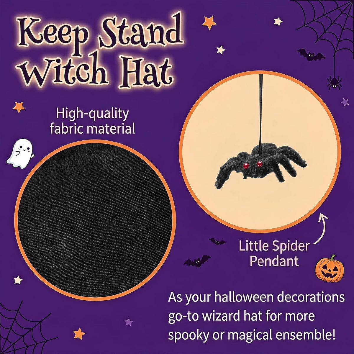Black Witch Hat with Spider, Halloween Witches Hat for Women Costume Party