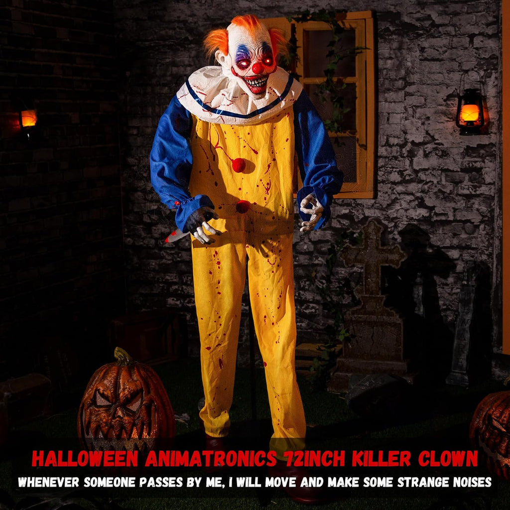 Halloween Animatronic 6ft Killer Clown Decorations, 72inch Animated Clown with Motion Activation, Creepy Sound, Scary Move, Light Up Eyes, Haunted House Spooky Horror Prop for Indoor, Outdoor, Yard