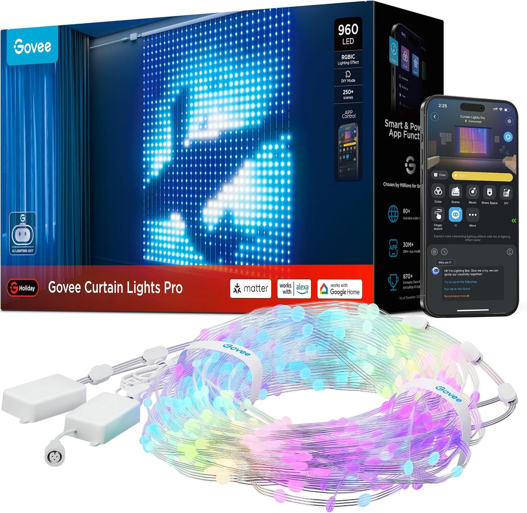 Govee Smart Curtain Lights Pro, 960 LEDs, 5.4×5.7ft for Holiday Decor